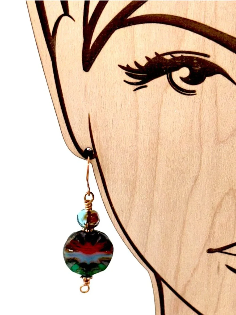 Boho Forest Sunrise Earrings Green Red Czech Glass Copper Dangle Beaded Artisan